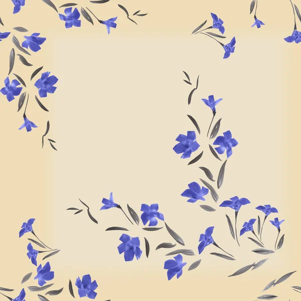 Безшовний візерунок синіх квітів на бежевому тлі з геометричним відбиттям. Акварель — стокове фото