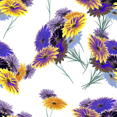 Dikişsiz desen yabani Menekşe, sarı, mavi çiçekler beyaz zemin üzerinde. Suluboya.