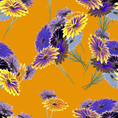 Dikişsiz desen yabani Menekşe, sarı, mavi çiçekler turuncu bir arka plan üzerinde. Suluboya.