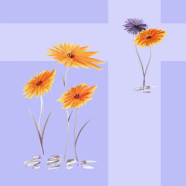 Padrão sem emenda violeta selvagem e flores cor-de-laranja com figuras geométricas em um fundo violeta. Aquarela-1 — Fotografia de Stock