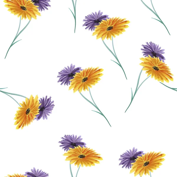 Безшовний візерунок дикий фіолетовий, жовті квіти на білому тлі. Акварель . — стокове фото