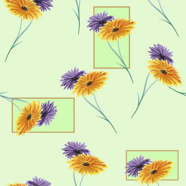 Dikişsiz desen vahşi mor ve turuncu çiçekler açık yeşil arka planı üzerinde geometrik figürler ile. Suluboya. — Stok fotoğraf