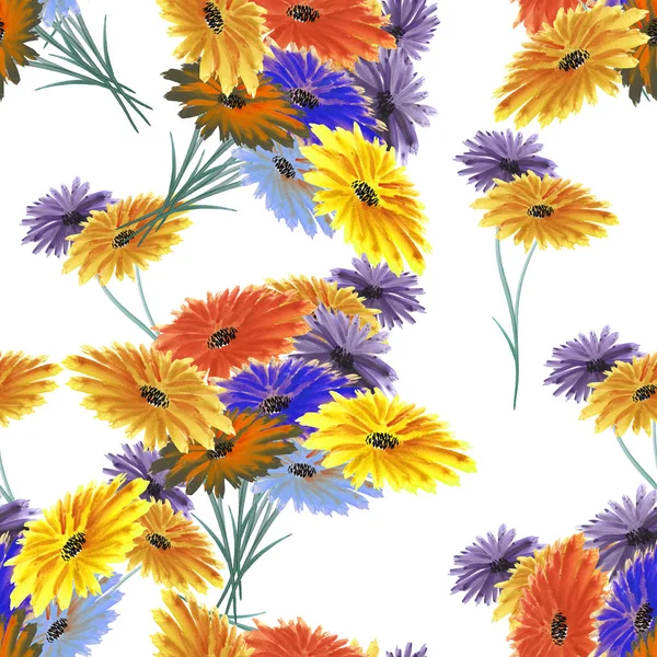 Nahtlose Muster wildrot, gelb, blaue Blumen auf weißem Hintergrund. Aquarell. — Stockfoto