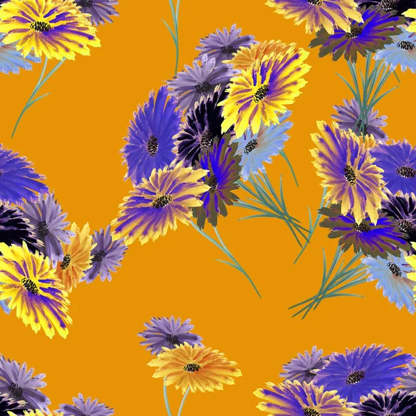 Безшовний візерунок дикі фіолетові, жовті, сині квіти на помаранчевому фоні. Акварель . — стокове фото