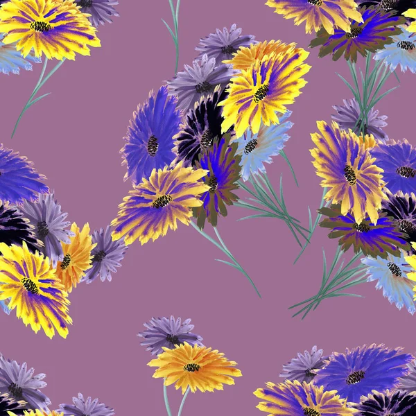 Безшовний візерунок дикі фіолетові, жовті, сині квіти на глибокому фіолетовому тлі. Акварель . — стокове фото
