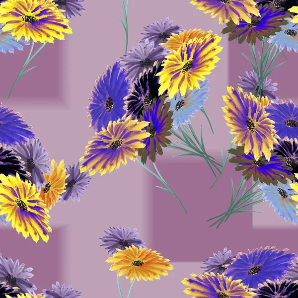Seamless pattern wild violet, yellow, blue flowers with geometric figure on a violet background with graphic figures. Watercolor.