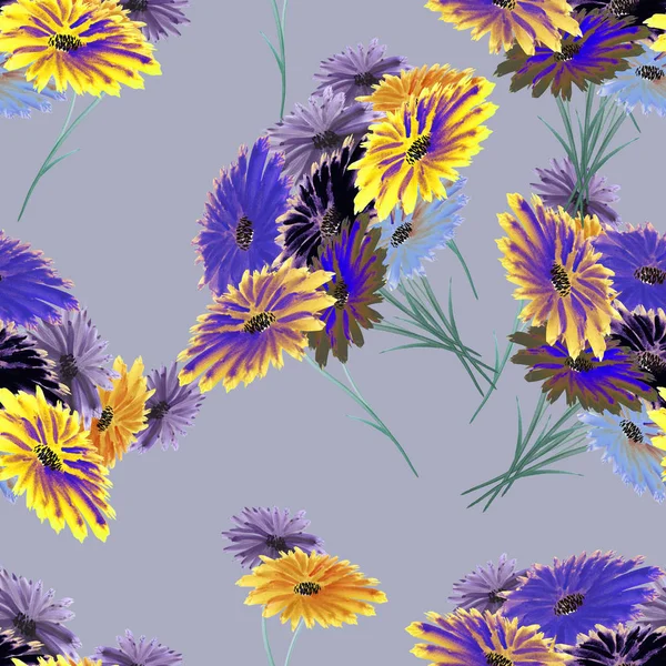 Бесшовный узор дикий фиолетовый, желтый, голубые цветы с геометрической фигурой на глубоком сером фоне. Акварель . — стоковое фото