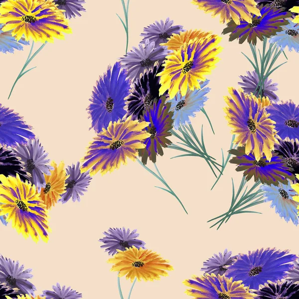 Безшовний візерунок дикі фіолетові, жовті, сині квіти з геометричною фігурою на світло-бежевому тлі. Акварель . — стокове фото