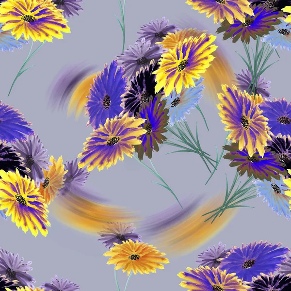 Бесшовный узор дикий фиолетовый, желтый, голубые цветы с геометрической фигурой на глубоком сером фоне с размытием. Акварель -1 — стоковое фото