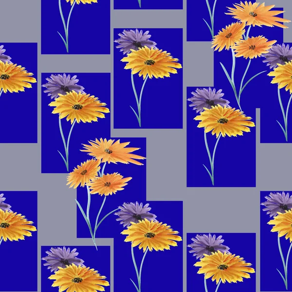 Безшовний візерунок абстрактний орнамент фіолетових і жовтих квітів на сірому фоні. Акварель . — стокове фото