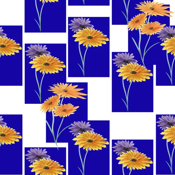 Безшовний візерунок абстрактний орнамент фіолетових і жовтих квітів на білому тлі. Акварель . — стокове фото