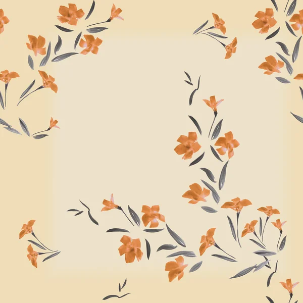 Seamless pattern of  orange flowers on a light beige background with geometric figures. Watercolor — Stock Photo, Image