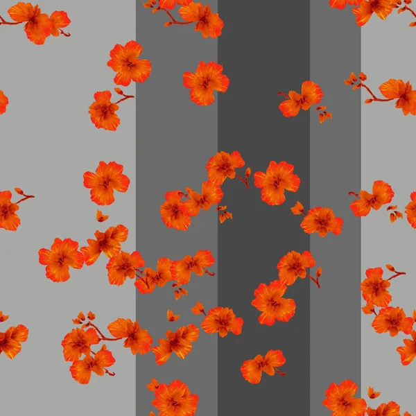 Seamless pattern red small flowers on the background of shifted gray vertical stripes. Watercolor. — Stock Photo, Image