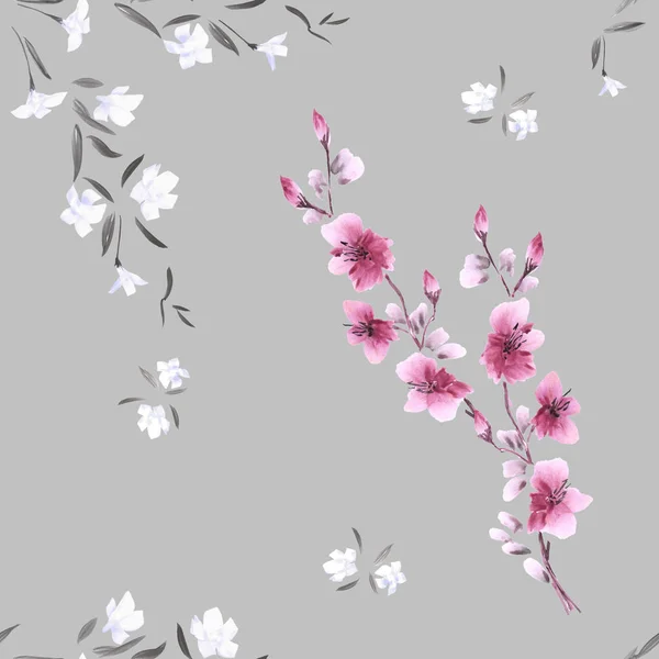 Seamless pattern watercolor small pink and white flowers on the light gray background. — Stock Photo, Image