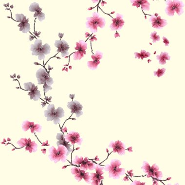 Seamless modeli küçük pembe ve bej çiçekler ışık arka plan sarı. Suluboya.