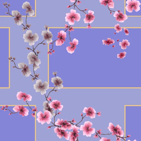 Seamless modeli küçük pembe ve gri çiçekler mor arka planda geometrik figürler ile. Suluboya.