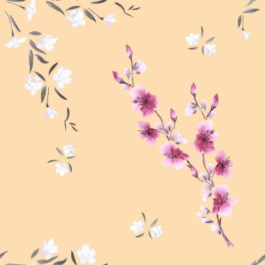 Dikişsiz desen suluboya küçük pembe ve beyaz çiçekler bej renkli arka plan üzerinde