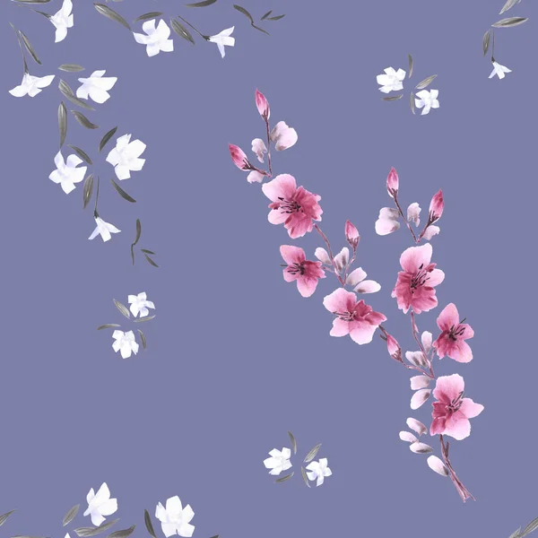 Безшовний візерунок акварель маленькі рожеві та білі квіти на глибокому фіолетовому фоні — стокове фото