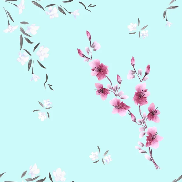 Dikişsiz desen suluboya küçük pembe ve beyaz çiçekler mavi zemin üzerine