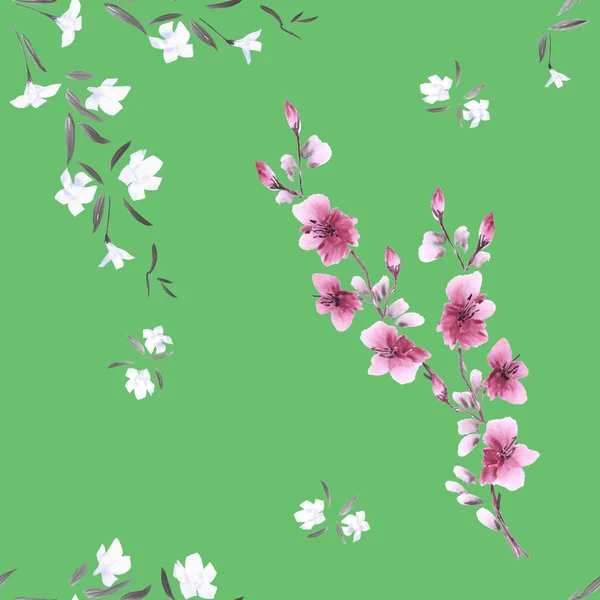 Nahtloses Muster Aquarell kleine rosa und weiße Blüten auf tiefgrünem Hintergrund — Stockfoto