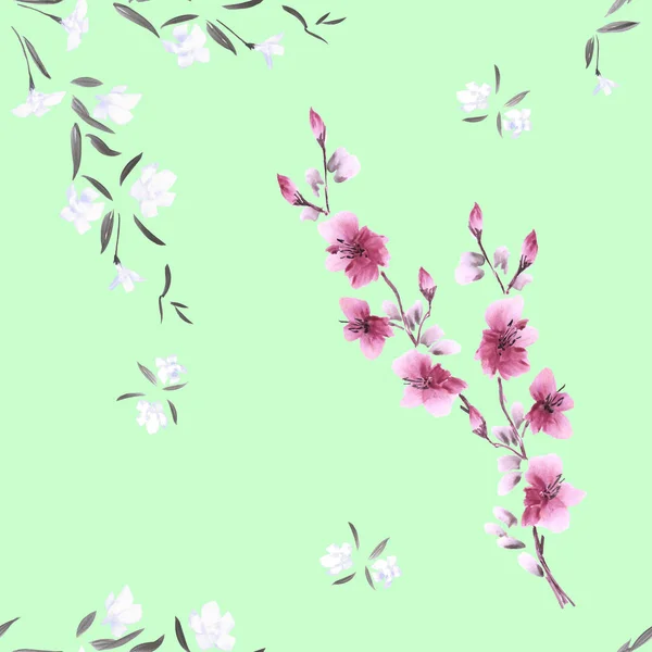 Dikişsiz desen suluboya küçük pembe ve beyaz çiçekler yeşil bir arka plan üzerinde — Stok fotoğraf