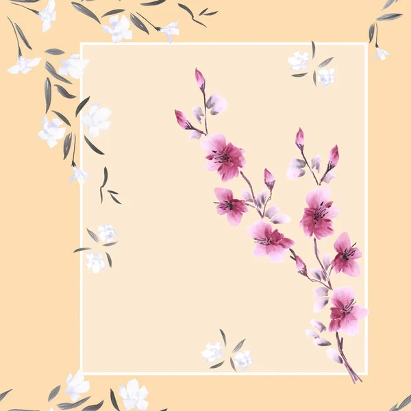 Seamless pattern watercolor of white and pink flowers in frame on a beige backgroun
