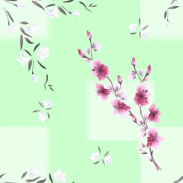 Seamless pattern watercolor of white and pink flowers on a light green background with geometric green tracery