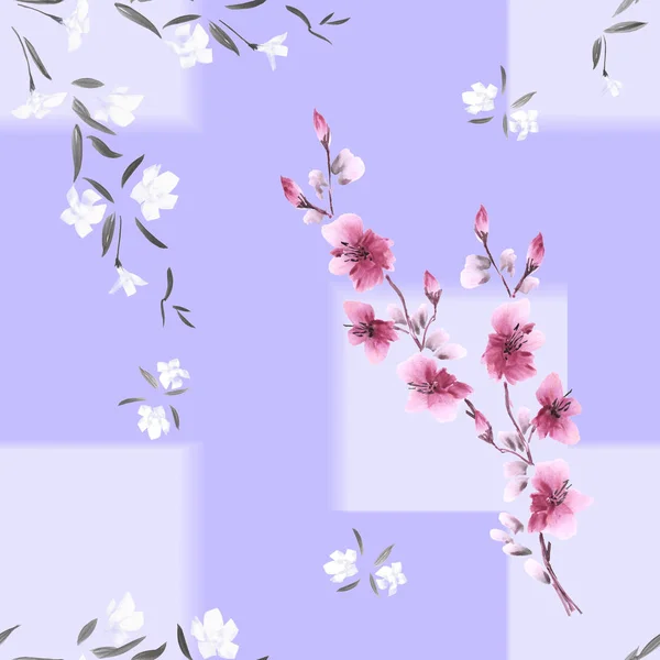 Akvarelem vzor bezešvé bílé a růžové květy na fialové pozadí s geometrickými kružbami fialový — Stock fotografie