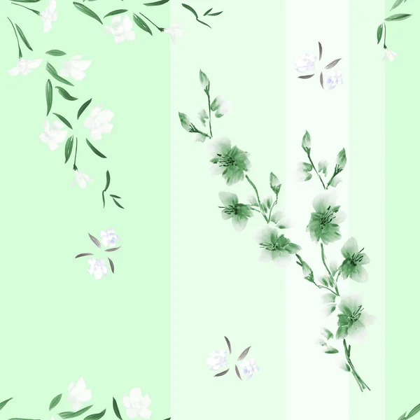 Motif sans couture aquarelle de fleurs blanches et vertes sur un fond vert avec des rayures verticales . — Photo