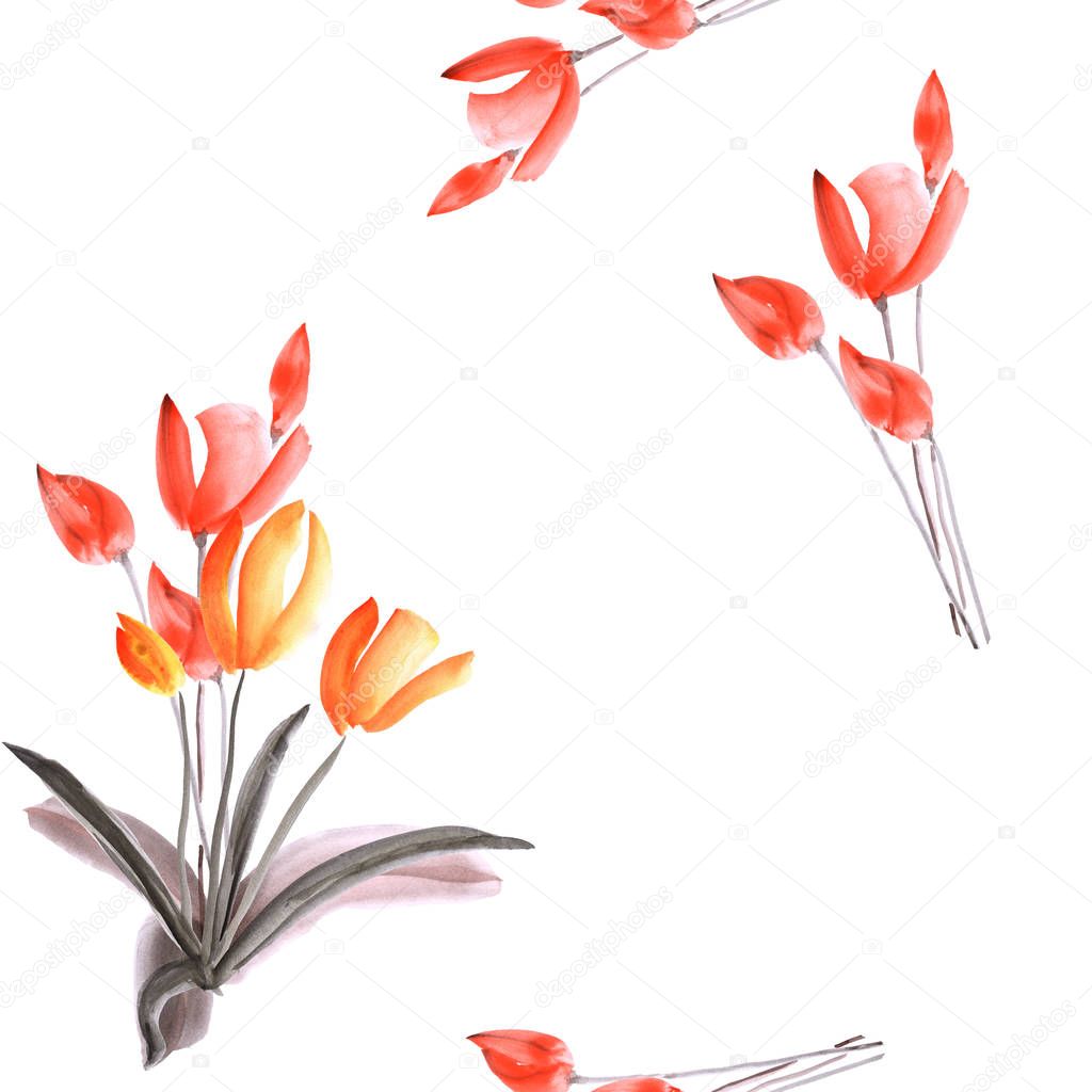 Seamless pattern of tulips with red flowers on a white background. Watercolor