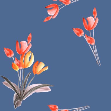 Mavi bir arka plan üzerinde kırmızı çiçekli laleler seamless modeli. Suluboya