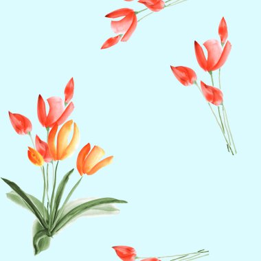 Hafif mavi arka plan üzerinde kırmızı çiçekli laleler seamless modeli. Suluboya