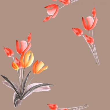 Lale derin bej renkli arka plan üzerinde kırmızı çiçekli seamless modeli. Suluboya