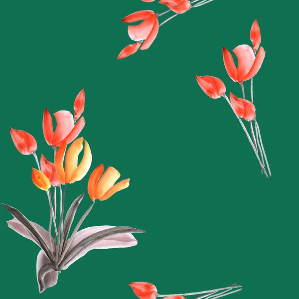 Seamless pattern of tulips with red flowers on a  deep green background. Watercolor