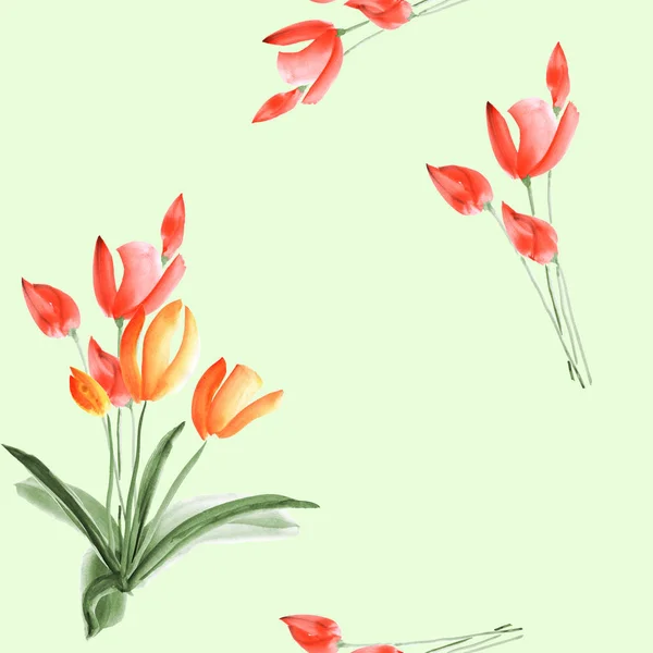 Seamless pattern of tulips with red flowers on a light green background. Watercolor — Stock Photo, Image