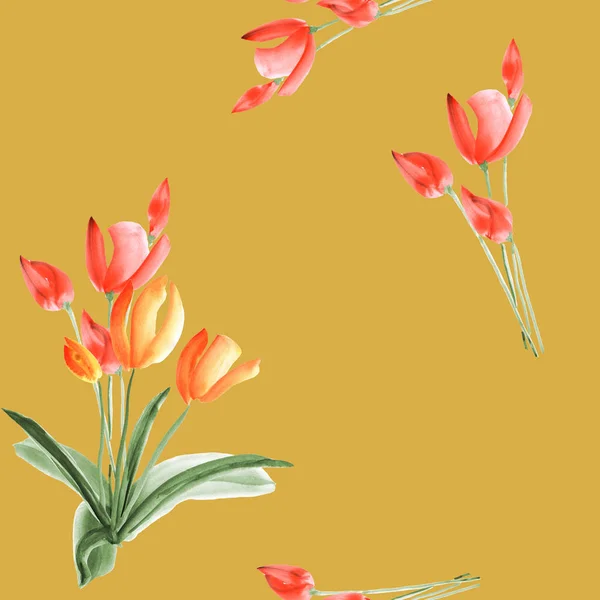 Seamless pattern of tulips with red flowers on a deep yellow background. Watercolor