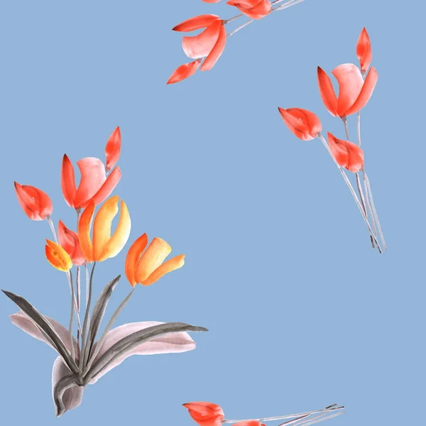 Nahtloses Muster von Tulpen mit roten Blüten auf blauem Hintergrund. Aquarell - 1 — Stockfoto