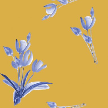 Lale derin sarı bir arka plan üzerinde mavi çiçekler ile Seamless modeli. Suluboya