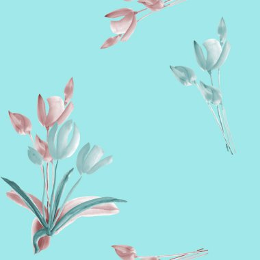 Üzerinde bir açık turkuaz renkli gri ve bej çiçekli laleler seamless modeli. Suluboya