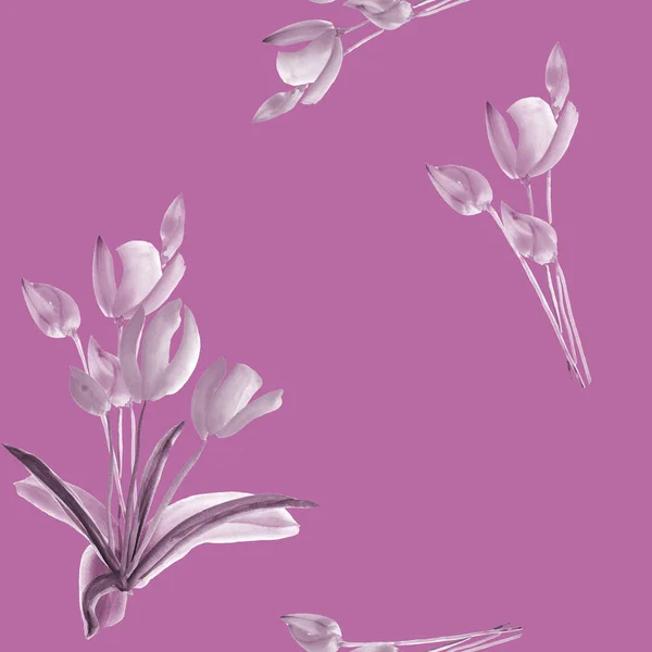 Seamless pattern of tulips with gray and violet flowers on a violet background. Watercolor — Stock Photo, Image