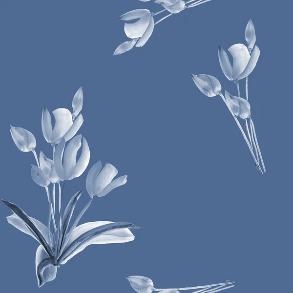 Seamless pattern of tulips with gray and blue flowers on a blue background. Watercolor