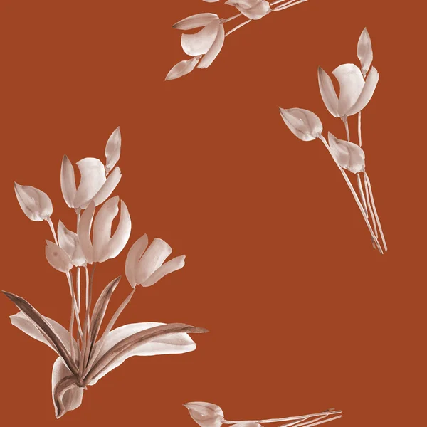 Jednolity wzór tulipanów beżowe kwiaty na bordowym tle. Akwarela — Zdjęcie stockowe
