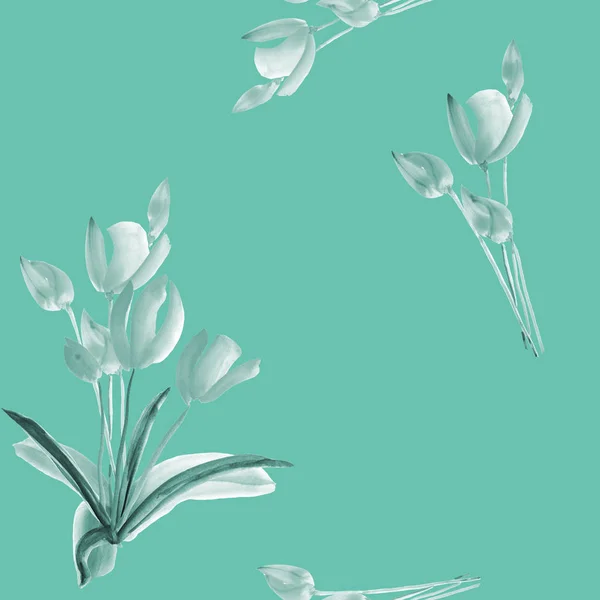 Nahtloses Muster von Tulpen mit grauen und grünen Blüten auf türkisfarbenem Hintergrund. Aquarell — Stockfoto