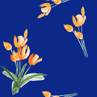 Laleler koyu mavi zemin üzerine sarı çiçekler ile Seamless modeli. Suluboya