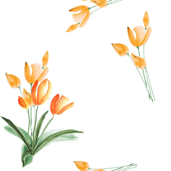 Nahtloses Muster von Tulpen mit gelben Blüten auf weißem Hintergrund. Aquarell — Stockfoto