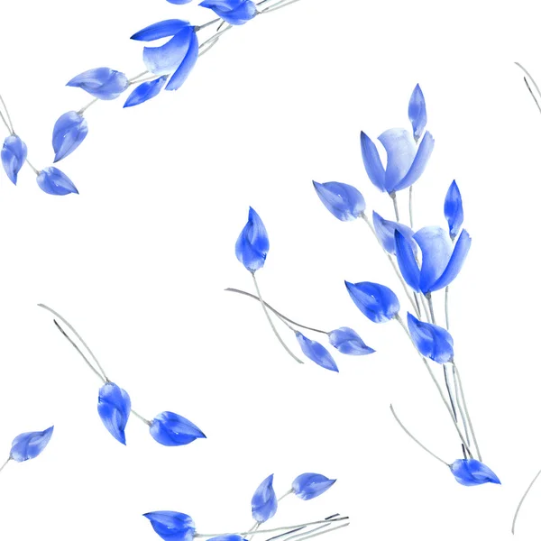 Nahtloses Muster von Aquarell-Tulpen mit blauen Blüten auf weißem Hintergrund — Stockfoto