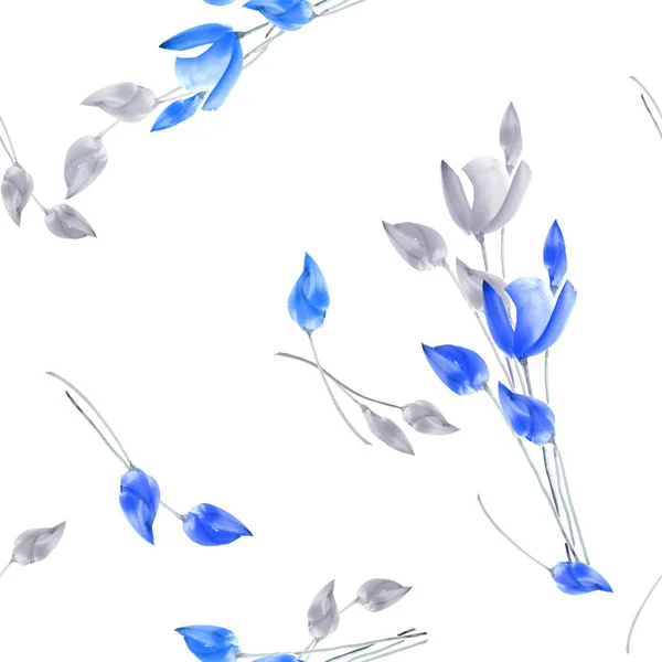 Modèle sans couture de tulipes aquarelle avec des fleurs bleues et grises sur un fond blanc — Photo