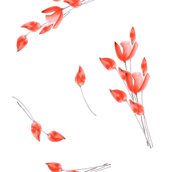 Бесшовный узор акварельных тюльпанов с красными цветами на белом фоне Стоковое Фото
