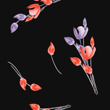 Siyah zemin üzerine kırmızı ve mor çiçekli suluboya Lale seamless modeli