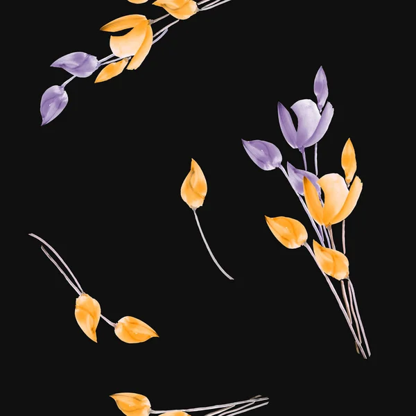 Seamless pattern of watercolor tulips with yellow and violet flowers on the black background. Watercolor — Stock Photo, Image